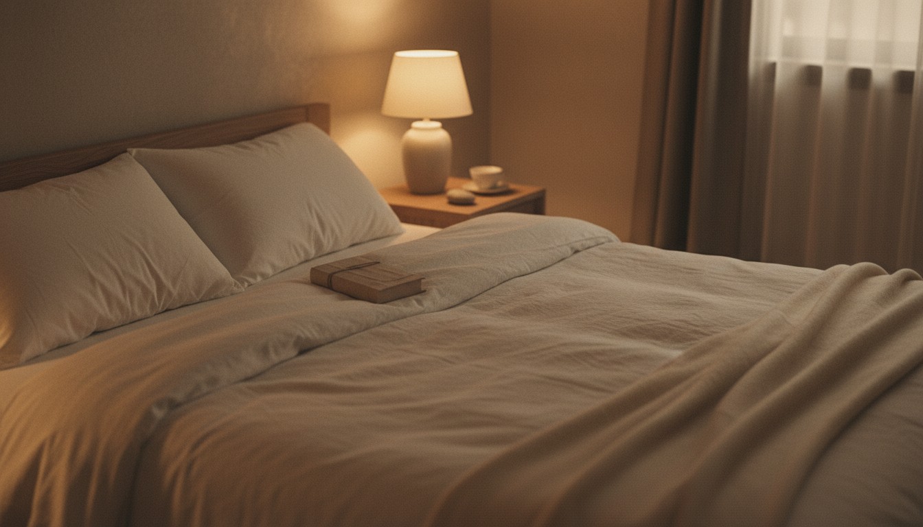 Peaceful bedroom at night with warm lamp light and white bedsheets — no phone in sight