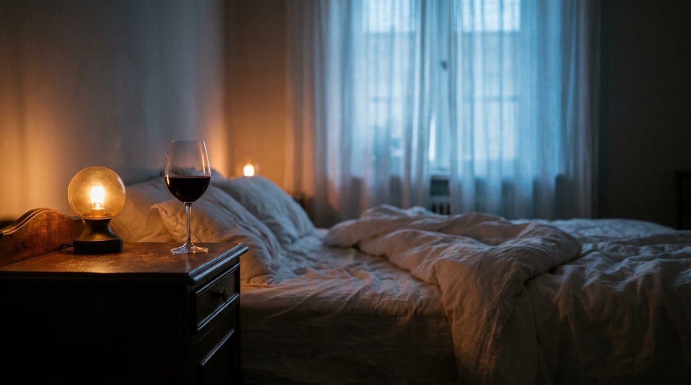 A glass of red wine on a bedside table next to a dimly lit lamp in the evening