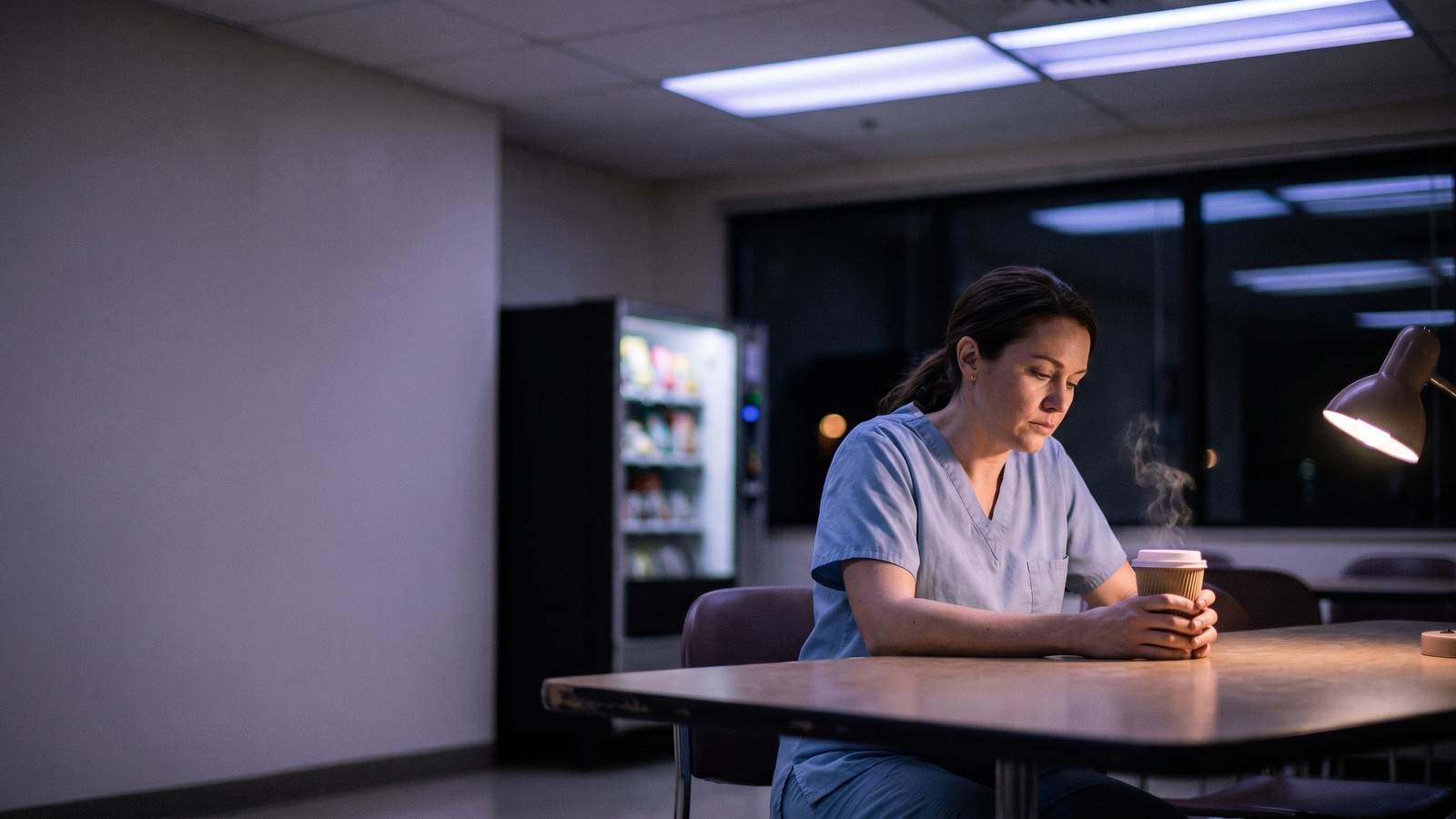 A nurse in scrubs sitting quietly in a break room at 3am, a coffee cup on the table and soft institutional lighting overhead