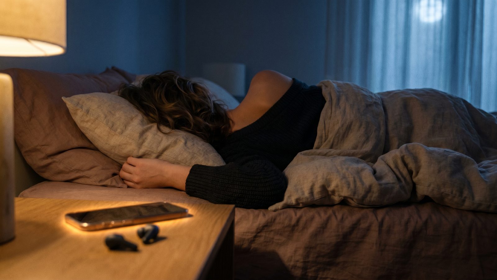 Person relaxing in bed with soft warm lamp light, a phone on the nightstand playing ambient sound