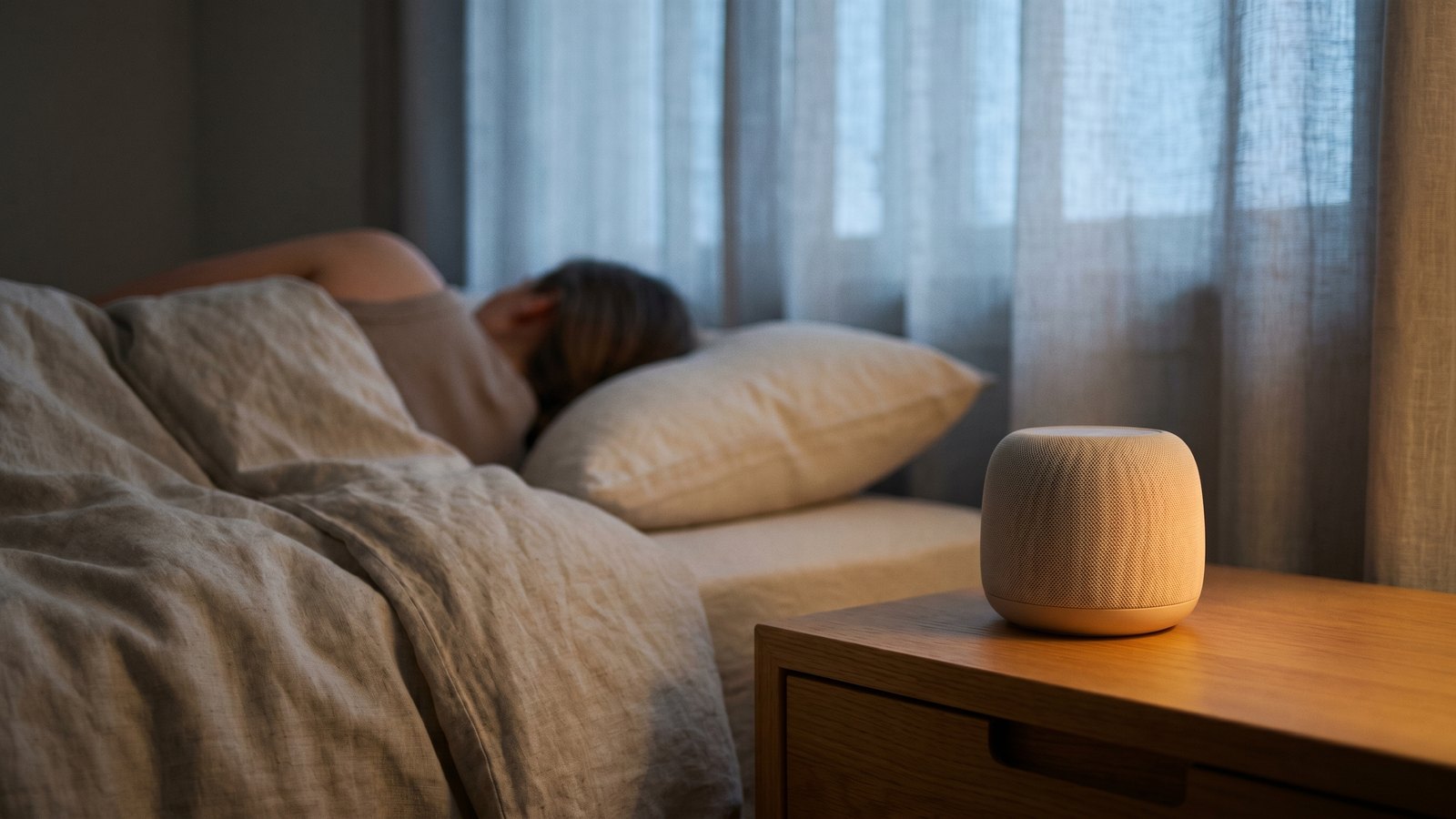 Person sleeping peacefully in a softly lit bedroom with a small speaker on the nightstand emitting a gentle warm glow