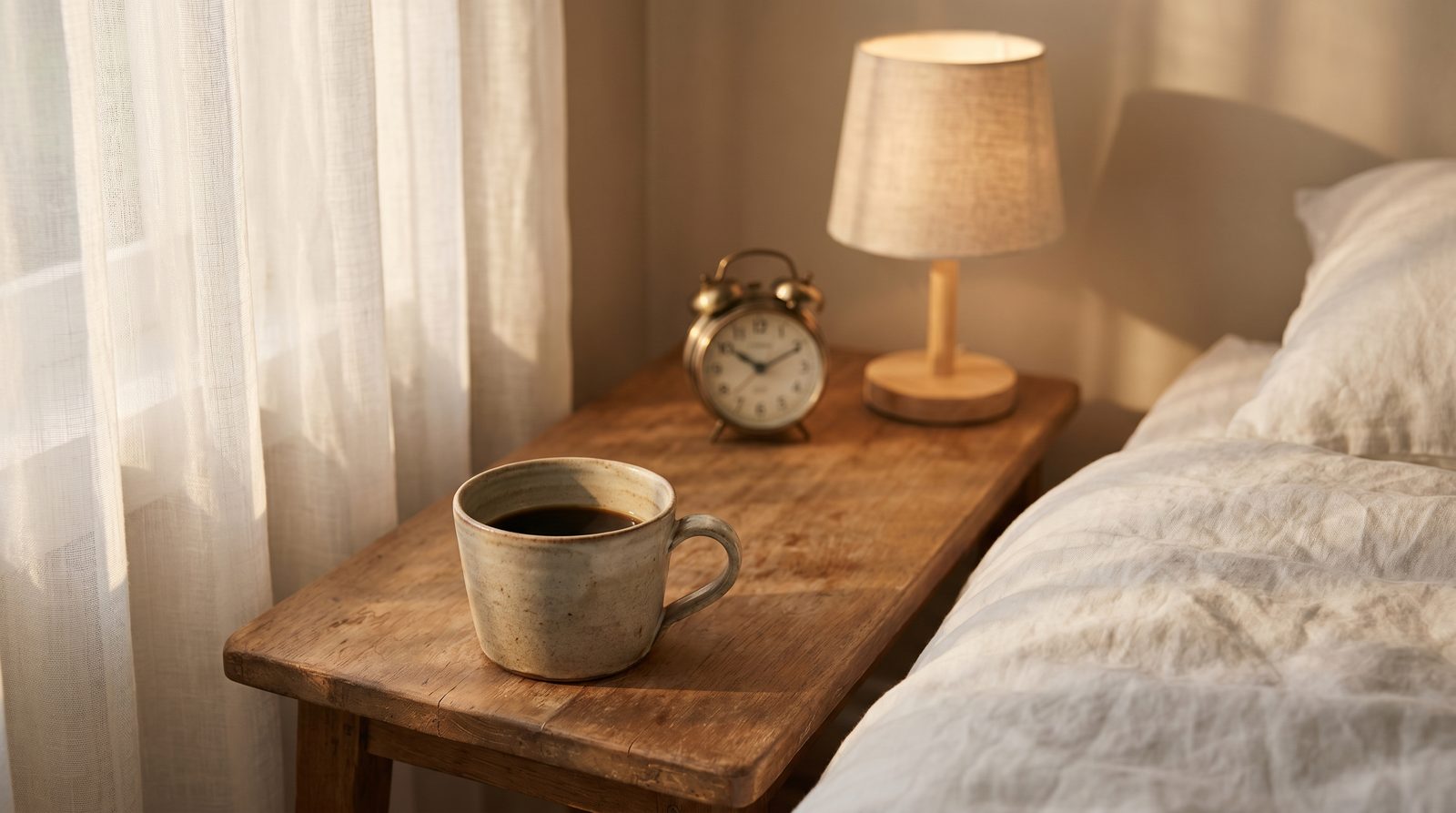 Half-finished cup of coffee on a bedside table in late afternoon light, with a clock visible in the background