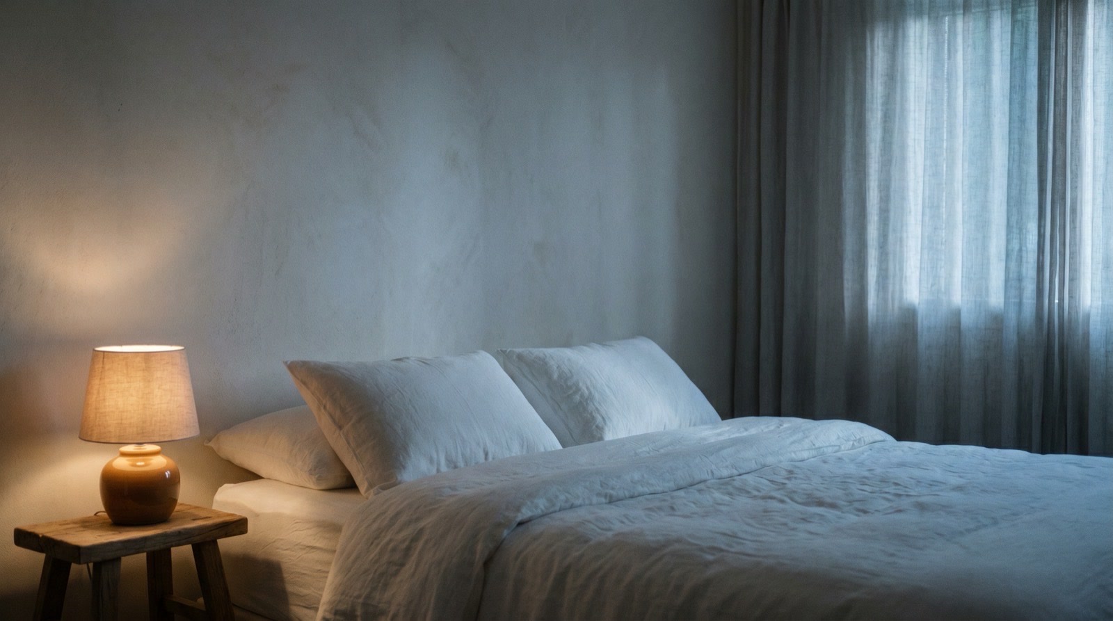 Softly lit bedroom at night with a white duvet and a digital thermostat on the wall showing 67 degrees