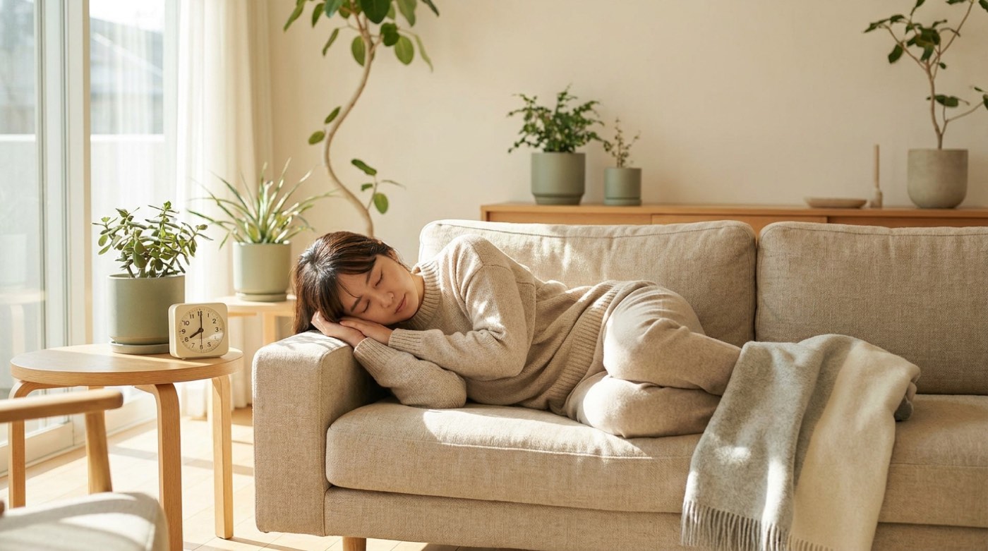 A person napping on a sunlit couch in the early afternoon with a clock visible nearby