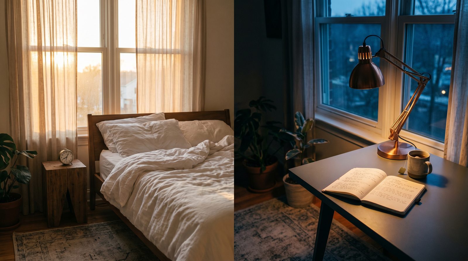 Split scene showing warm sunrise light through a bedroom window on one side and a cosy desk lamp illuminating a workspace at night on the other