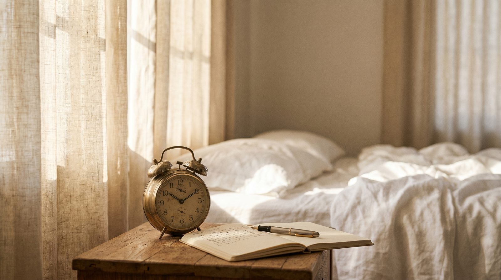 Bedside alarm clock at dawn beside an open notebook — illustrating the idea that sleep duration is personal, not universal