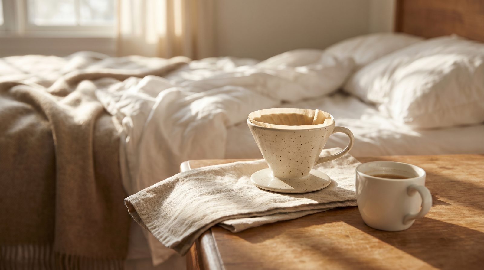 A ceramic pour-over coffee dripper and white mug on linen cloth beside an unmade bed, early morning light