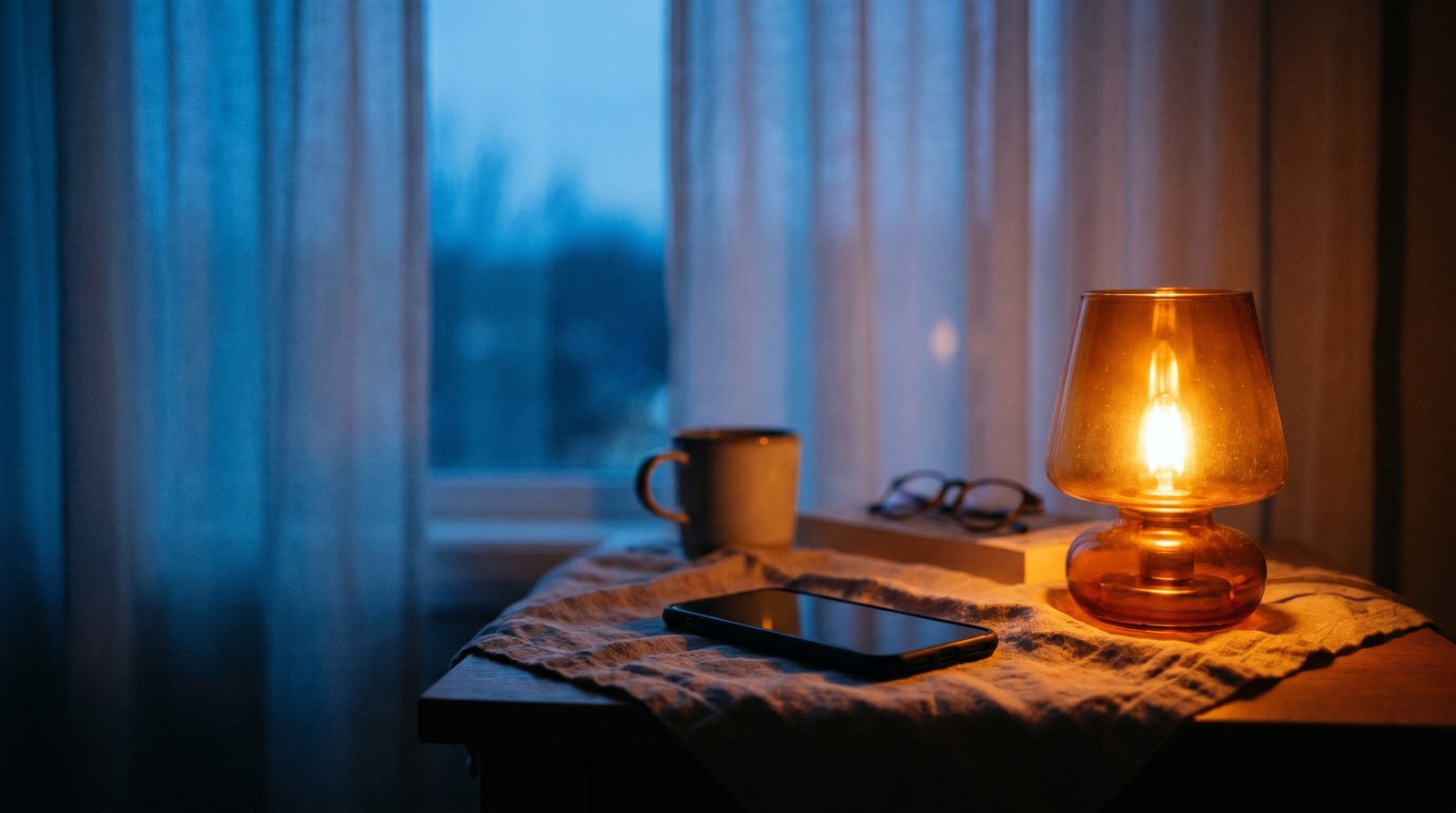 A bedroom at dusk with warm-toned lighting, a dimmed phone on the nightstand, and morning sunlight visible through a window