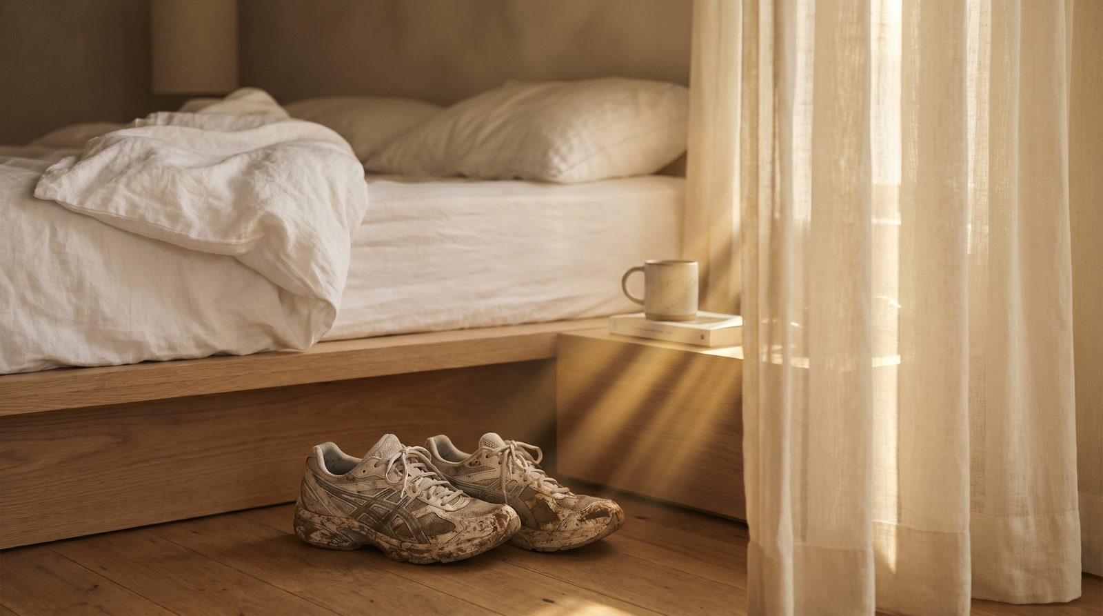 A pair of running shoes placed neatly beside a bed with crisp white linen, warm morning light streaming through sheer curtains
