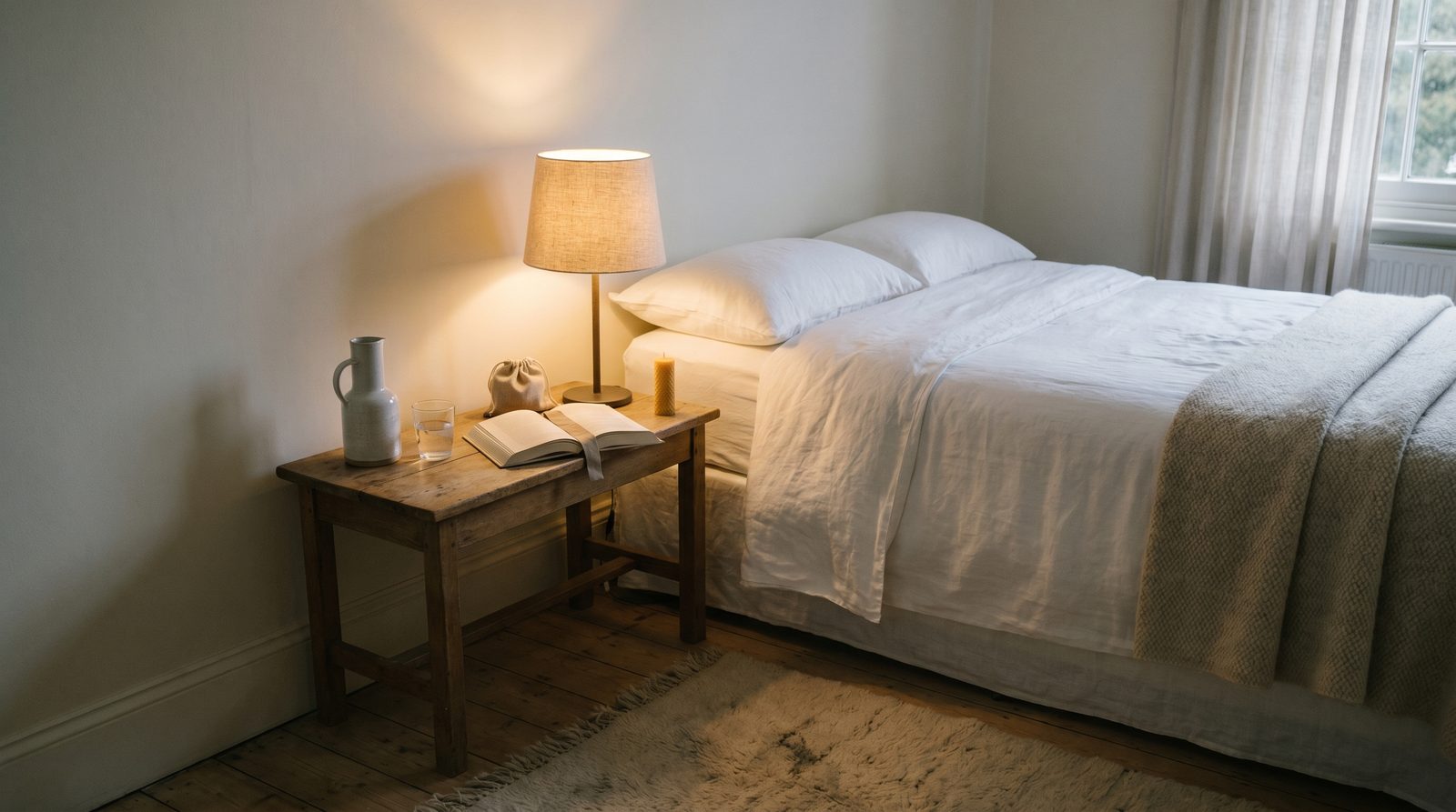 A neatly made bed at dusk with white linen sheets, a folded wool throw, and a bedside table holding a book, a glass of water, and a single warm lamp — an editorial composition of a deliberate sleep ritual