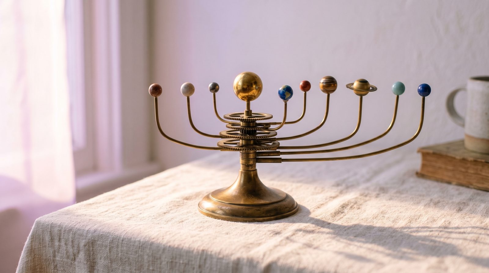 A brass orrery resting on a cream linen surface at dawn, gentle violet-pink light catching the curved arms — an editorial metaphor for the body's internal clock